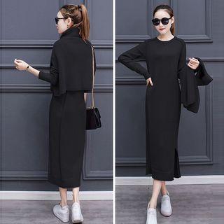 Set: Plain Long-sleeve Midi Knit Dress + Turtleneck Cropped Knit Vest