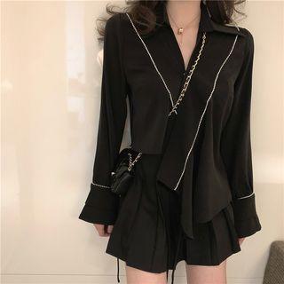 Irregular V-neck Long-sleeve Blouse / Pleated Skirt