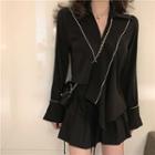 Irregular V-neck Long-sleeve Blouse / Pleated Skirt