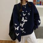 Round-neck Butterfly Printed Knitted Sweater