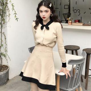 Set: Contrast Trim Cardigan + Mini A-line Skirt White - One Size