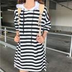 Elbow-sleeve Striped Mini Hoodie Dress