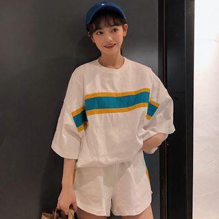 Set: Elbow-sleeve Striped T-shirt + Wide Leg Shorts