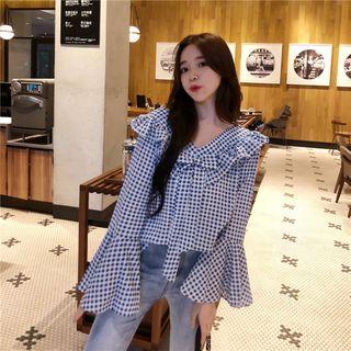 Plaid Bell-sleeve Lace-up Top Blue - One Size