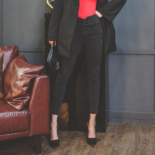 Buttoned Lace-up Back Distressed Skinny Pants