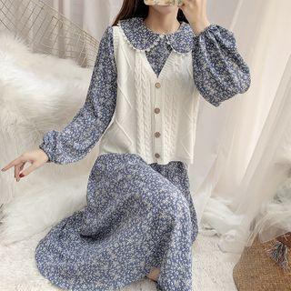 Set: Floral Print Long-sleeve Midi A-line Dress + Cable Knit Vest