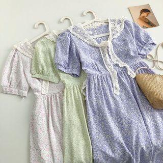 Set: Short-sleeve Floral Print Midi Dress + Shawl