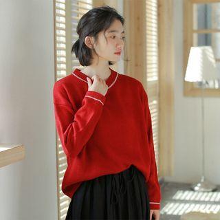Contrast Trim Sweater Wine Red - One Size
