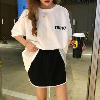 Lettering Elbow-sleeve T-shirt / Contrast Trim Mini Skort