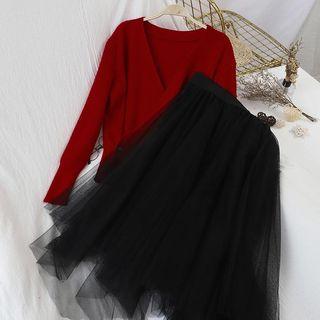 V-neck Knit Top + High-waist Mesh Skirt Set