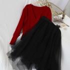V-neck Knit Top + High-waist Mesh Skirt Set
