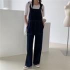 High-waist Wide Straight Jumper Pants Dark Blue - One Size