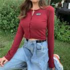 Round-neck Lettering Button-up Cropped Cardigan
