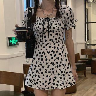 Short-sleeve Cow Print A-line Dress Black & White - One Size