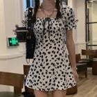 Short-sleeve Cow Print A-line Dress Black & White - One Size