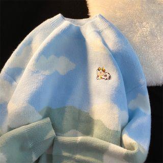 Cartoon Cow Embroidered Color Block Sweater