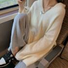 Oversized Plain Long-sleeve Knit Hooded Top Milky White - One Size