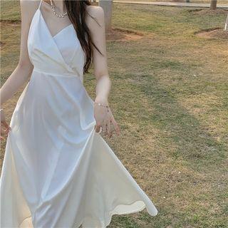 Spaghetti-strap Cross-back Ribbon Maxi A-line Dress