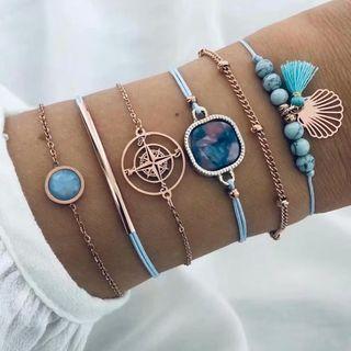 Set Of 6: Turquoise / Alloy / String Bracelet (assorted Designs) Blue - One Size