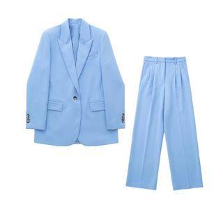 Plain Single-button Blazer / Wide Leg Pants / Set