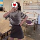 Color-block Striped Short-sleeve Top / Plain High-waist Skirt