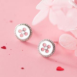 Rhinestone Accent Button Earrings 1 Pair - S925 Silver - One Size