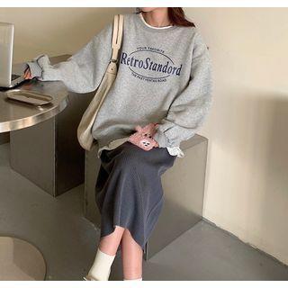 Long-sleeve Mock Two-piece Printed Sweatshirt / Plain Midi Skirt