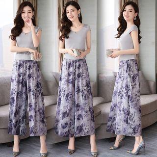 Set: Cap-sleeve Top + Print Wide-leg Pants