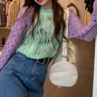 Two-tone Pointelle Knit Top Green & Purple - One Size