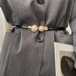 Faux Pearl Narrow Belt Black - One Size
