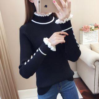 Long-sleeve Contrast Trim Frill Trim Knit Top