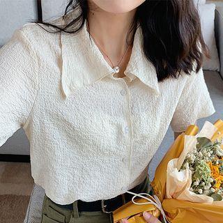 Short-sleeve Plain Chiffon Blouse Almond - One Size