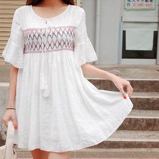 Tassel-neck Embroidered Mini Empire Dress