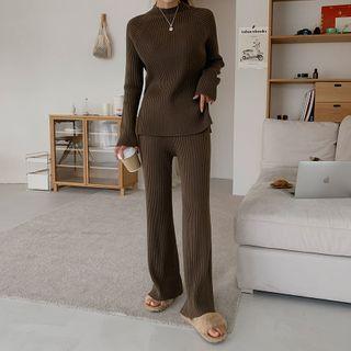Set: Rib-knit Top + Boot-cut Pants