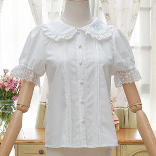 Short-sleeve Collared Mesh Trim Blouse