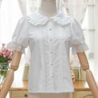 Short-sleeve Collared Mesh Trim Blouse