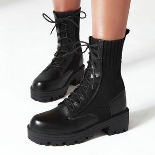 Paneled Lace-up Block-heel Platform Short Boots