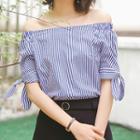 Off Shoulder Elbow-sleeve Pinstriped Top