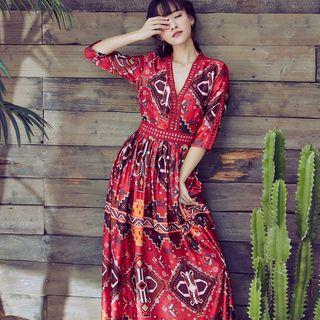 Elbow-sleeve Patterned A-line Midi Sun Dress