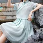 Set: Traditional Chinese Sleeveless A-line Dress + Short-sleeve Gingham Top
