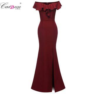 Short-sleeve Off Shoulder Ruffled Maxi Mermaid Dress