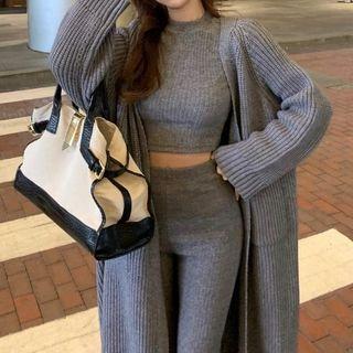 Long-sleeve Cropped Knit Top / Knit Pants / Long Open-front Cardigan
