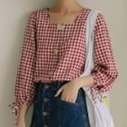 Gingham 3/4-sleeve Square Neck Blouse