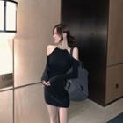 Long-sleeve Chain-accent Cold Shoulder Mini Bodycon Dress