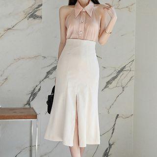 Set: Sleeveless Shirt + Ruffle Hem Midi Straight-fit Skirt