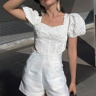 Puff-sleeve Square-neck Textured Crop Top