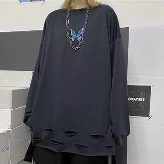 Butterfly Embroidered Ripped Long-sleeve T-shirt