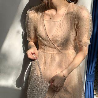 Set: Dotted Puff-sleeve Midi A-line Mesh Dress + Slipdress