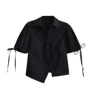 Short-sleeve Bow-accent Button-up Crop Top
