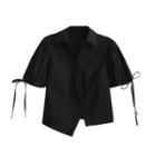 Short-sleeve Bow-accent Button-up Crop Top